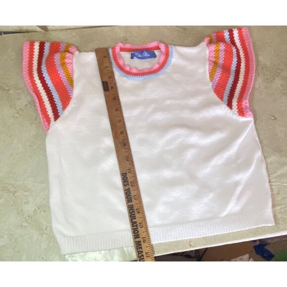 Womens XS Knit Top With Multicolor Striped Sleeves & Ribbed Trim - Picture 4 of 6